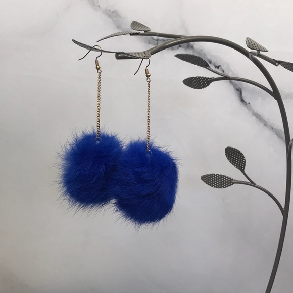 Jewelry - POM POM EARRINGS blue faux fur Pom Pom
